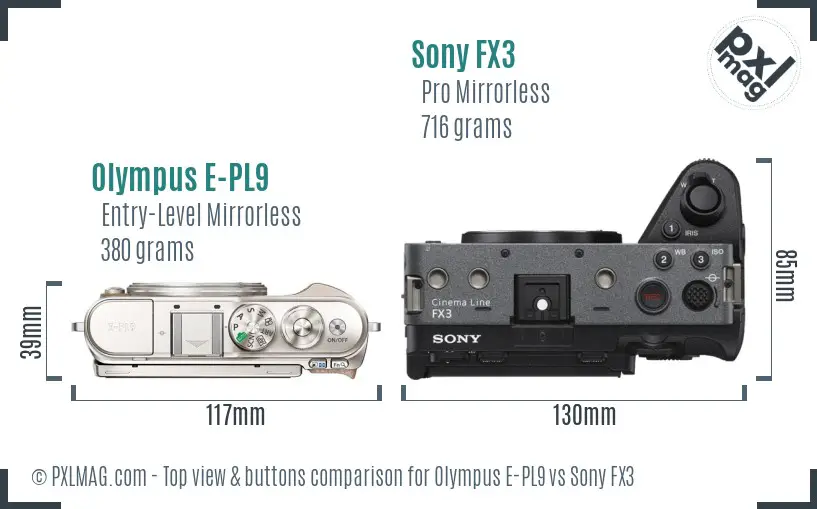 Olympus E-PL9 vs Sony FX3 top view buttons comparison