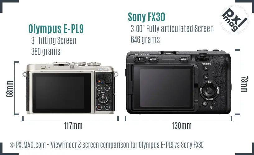 Olympus E-PL9 vs Sony FX30 Screen and Viewfinder comparison
