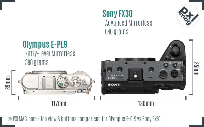 Olympus E-PL9 vs Sony FX30 top view buttons comparison