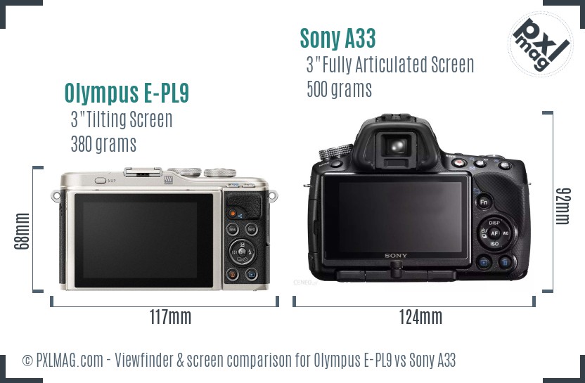 Olympus E-PL9 vs Sony A33 Screen and Viewfinder comparison