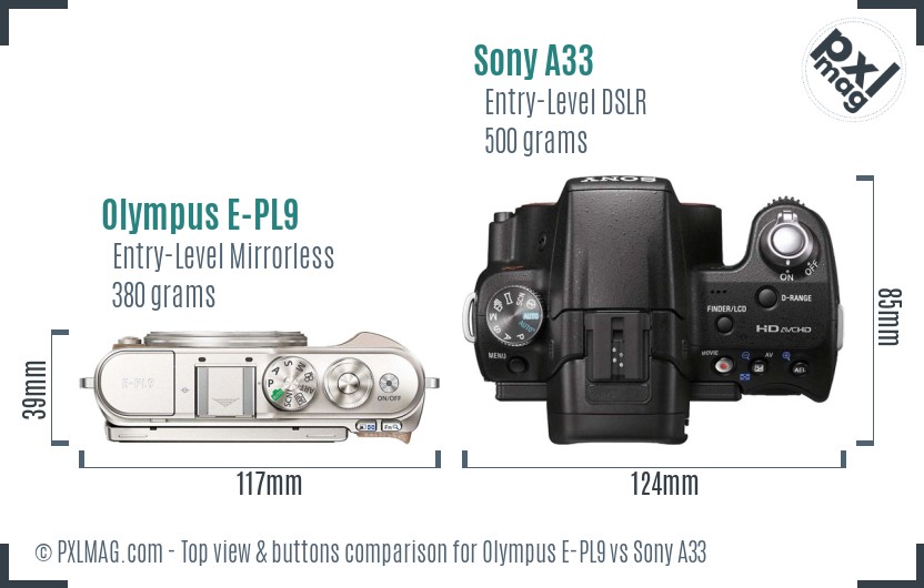 Olympus E-PL9 vs Sony A33 top view buttons comparison