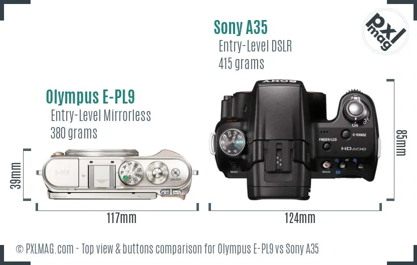 Olympus E-PL9 vs Sony A35 top view buttons comparison