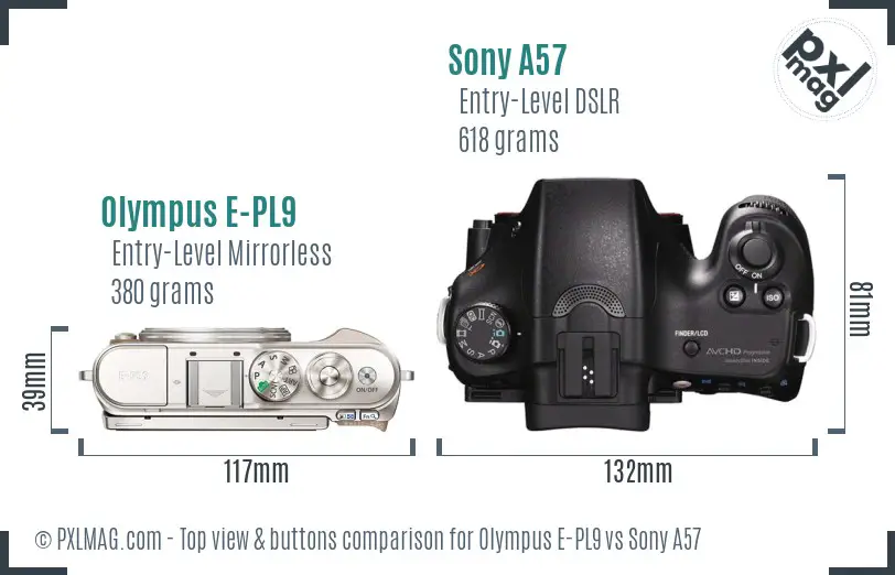 Olympus E-PL9 vs Sony A57 top view buttons comparison