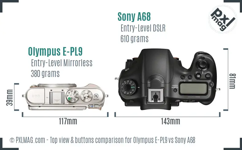 Olympus E-PL9 vs Sony A68 top view buttons comparison Olympus E-PL9 vs Sony A68 top view buttons comparison