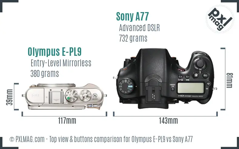 Olympus E-PL9 vs Sony A77 top view buttons comparison Olympus E-PL9 vs Sony A77 top view buttons comparison