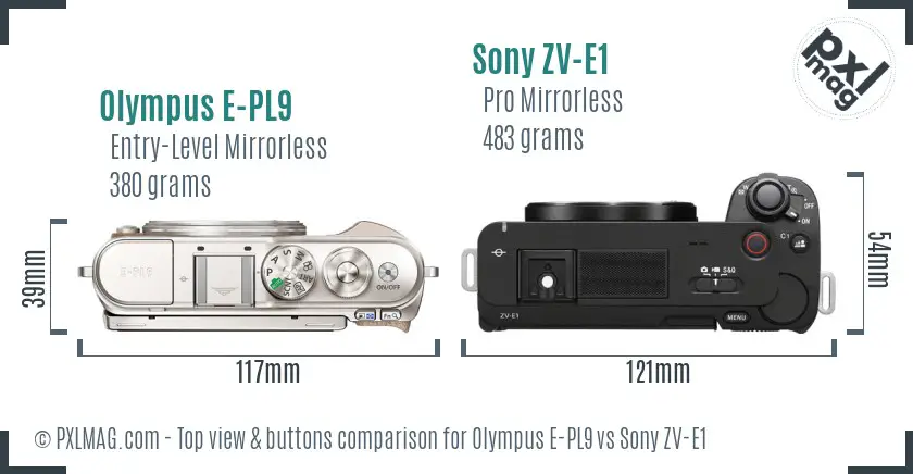 Olympus E-PL9 vs Sony ZV-E1 top view buttons comparison