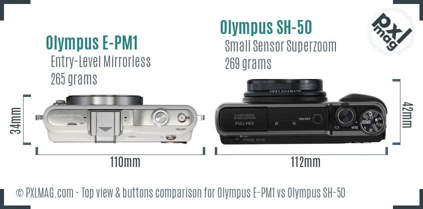 Olympus E-PM1 vs Olympus SH-50 top view buttons comparison