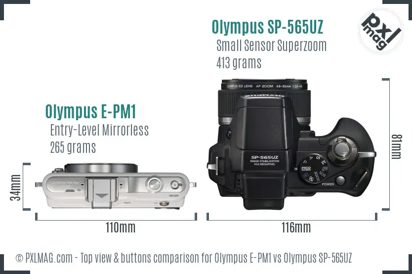 Olympus E-PM1 vs Olympus SP-565UZ top view buttons comparison