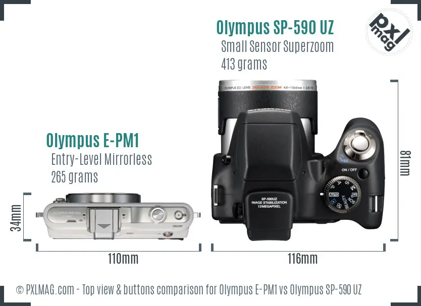 Olympus E-PM1 vs Olympus SP-590 UZ top view buttons comparison