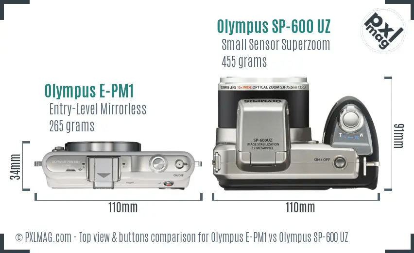 Olympus E-PM1 vs Olympus SP-600 UZ top view buttons comparison