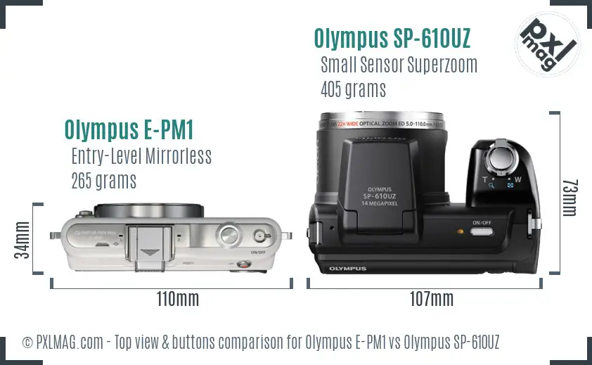 Olympus E-PM1 vs Olympus SP-610UZ top view buttons comparison
