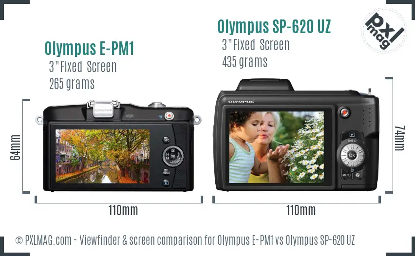 Olympus E-PM1 vs Olympus SP-620 UZ Screen and Viewfinder comparison