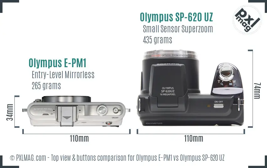 Olympus E-PM1 vs Olympus SP-620 UZ top view buttons comparison