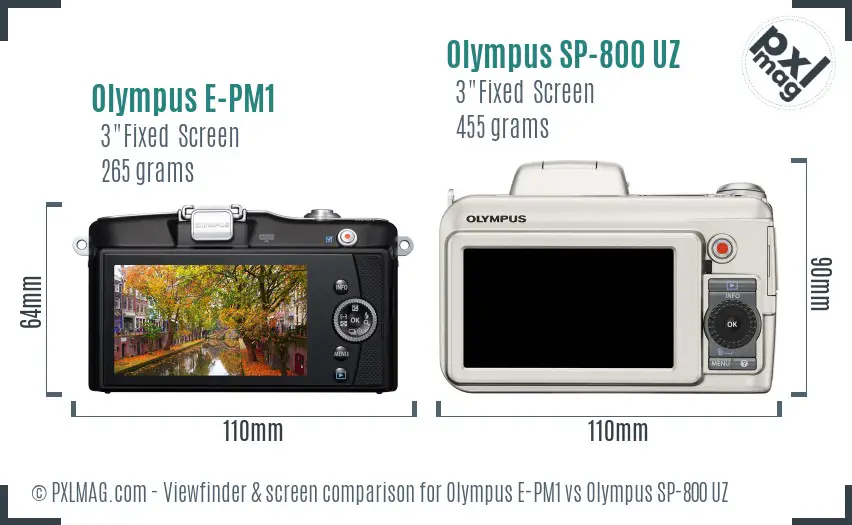 Olympus E-PM1 vs Olympus SP-800 UZ Screen and Viewfinder comparison