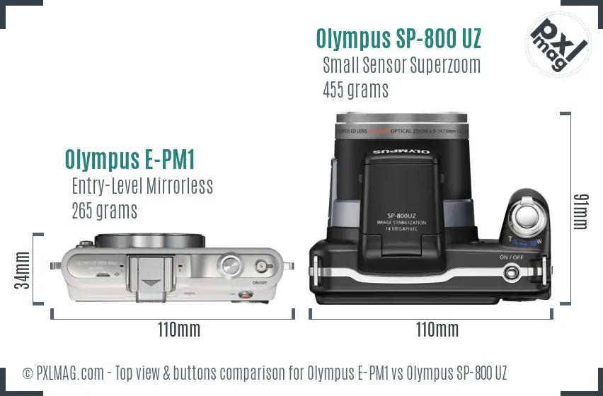 Olympus E-PM1 vs Olympus SP-800 UZ top view buttons comparison