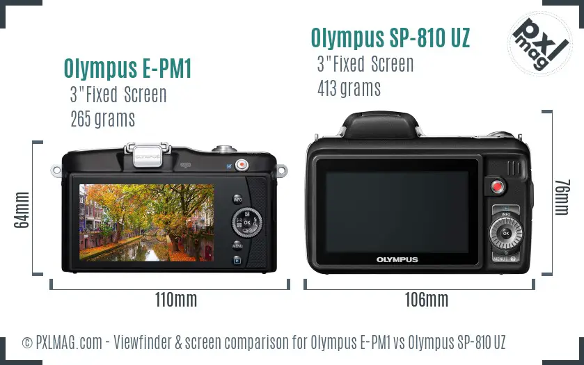 Olympus E-PM1 vs Olympus SP-810 UZ Screen and Viewfinder comparison