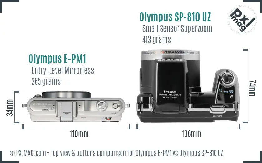 Olympus E-PM1 vs Olympus SP-810 UZ top view buttons comparison