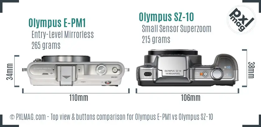 Olympus E-PM1 vs Olympus SZ-10 top view buttons comparison
