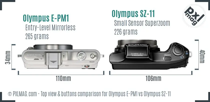 Olympus E-PM1 vs Olympus SZ-11 top view buttons comparison