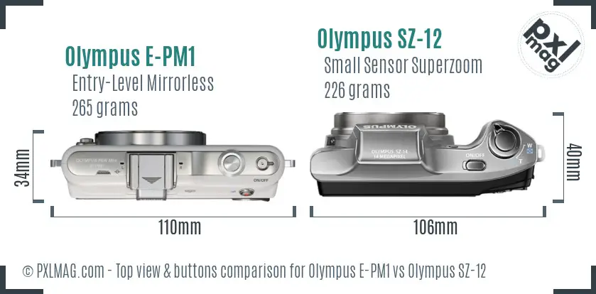 Olympus E-PM1 vs Olympus SZ-12 top view buttons comparison
