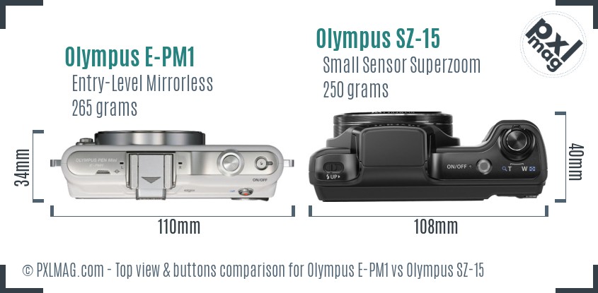 Olympus E-PM1 vs Olympus SZ-15 top view buttons comparison