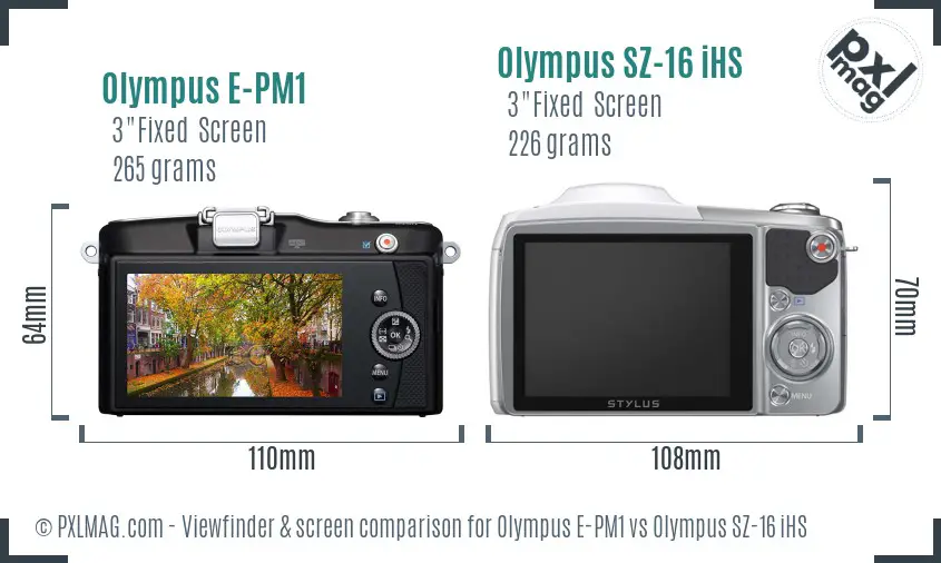 Olympus E-PM1 vs Olympus SZ-16 iHS Screen and Viewfinder comparison