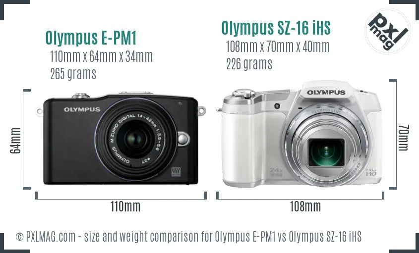 Olympus E-PM1 vs Olympus SZ-16 iHS size comparison