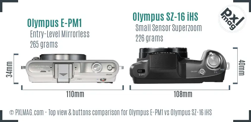 Olympus E-PM1 vs Olympus SZ-16 iHS top view buttons comparison