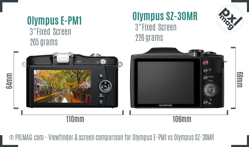 Olympus E-PM1 vs Olympus SZ-30MR Screen and Viewfinder comparison