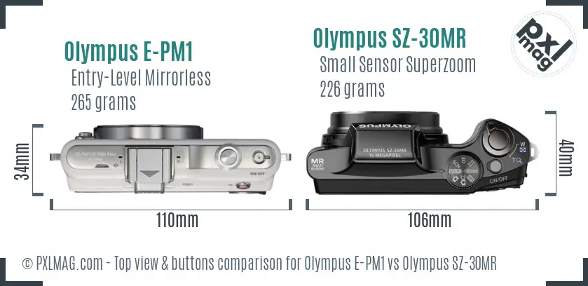 Olympus E-PM1 vs Olympus SZ-30MR top view buttons comparison