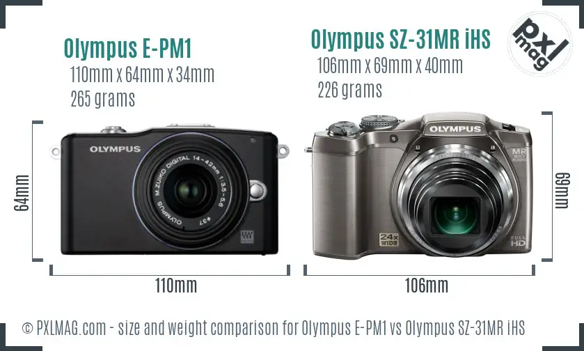 Olympus E-PM1 vs Olympus SZ-31MR iHS size comparison