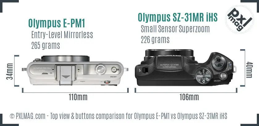 Olympus E-PM1 vs Olympus SZ-31MR iHS top view buttons comparison