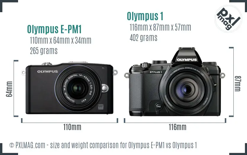 Olympus E-PM1 vs Olympus 1 size comparison