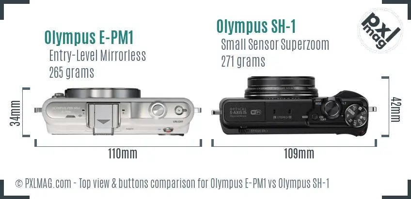 Olympus E-PM1 vs Olympus SH-1 top view buttons comparison