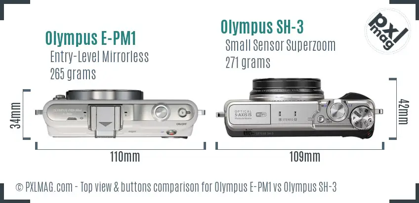 Olympus E-PM1 vs Olympus SH-3 top view buttons comparison