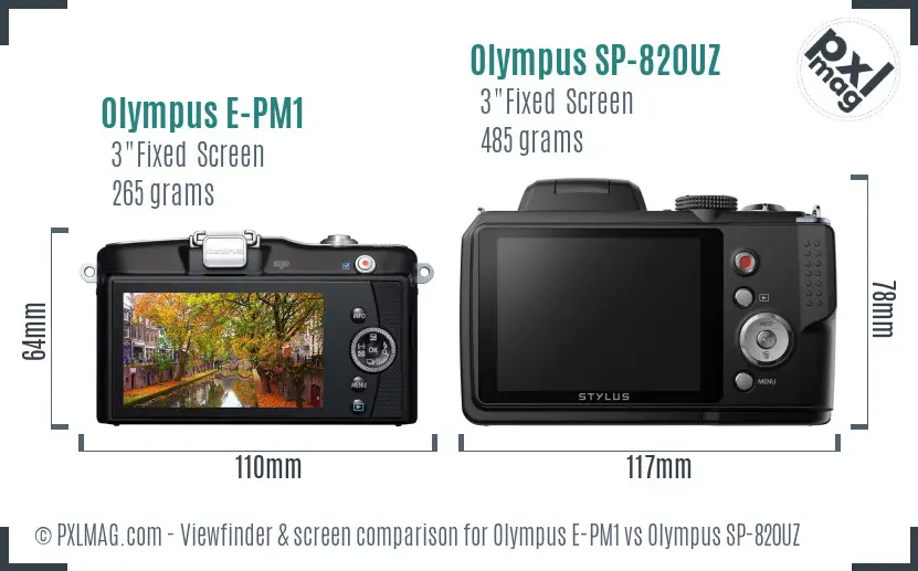 Olympus E-PM1 vs Olympus SP-820UZ Screen and Viewfinder comparison