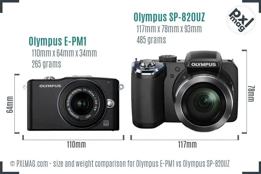 Olympus E-PM1 vs Olympus SP-820UZ size comparison