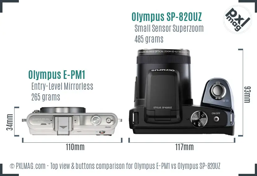 Olympus E-PM1 vs Olympus SP-820UZ top view buttons comparison