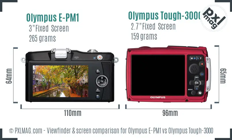 Olympus E-PM1 vs Olympus Tough-3000 Screen and Viewfinder comparison