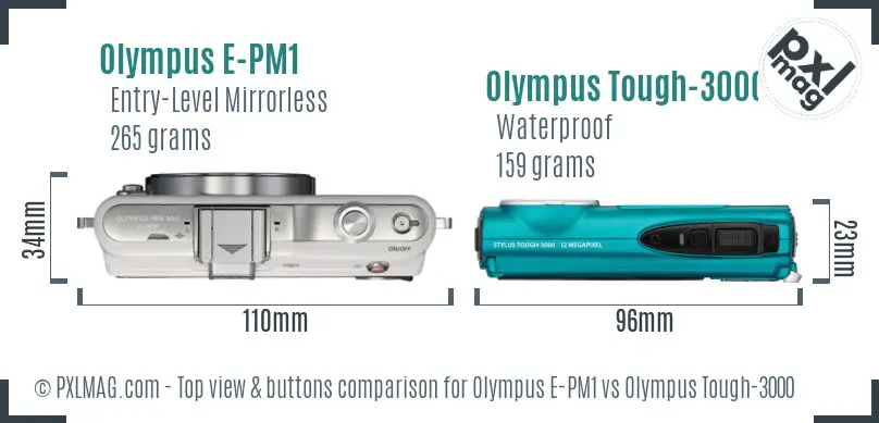 Olympus E-PM1 vs Olympus Tough-3000 top view buttons comparison