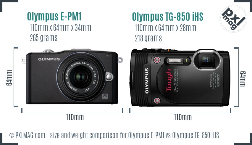 Olympus E-PM1 vs Olympus TG-850 iHS size comparison