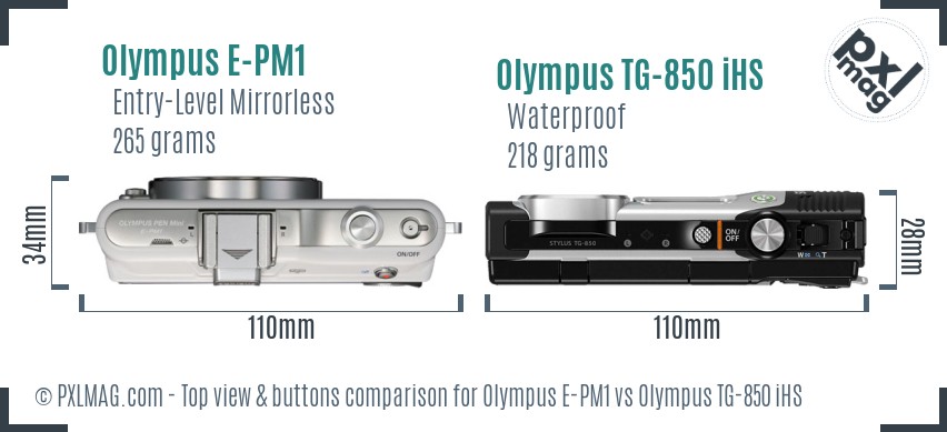 Olympus E-PM1 vs Olympus TG-850 iHS top view buttons comparison