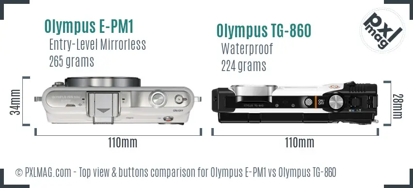 Olympus E-PM1 vs Olympus TG-860 top view buttons comparison