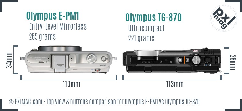 Olympus E-PM1 vs Olympus TG-870 top view buttons comparison