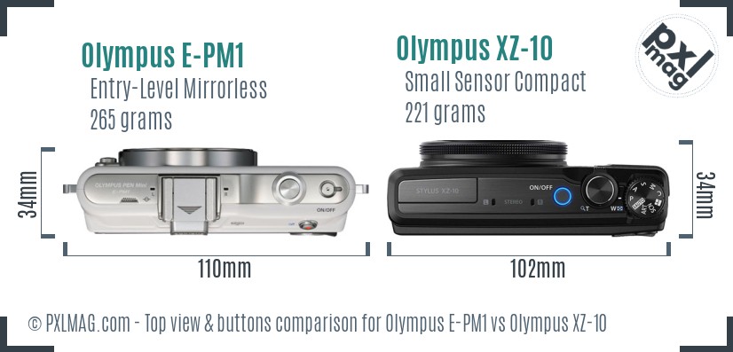 Olympus E-PM1 vs Olympus XZ-10 top view buttons comparison