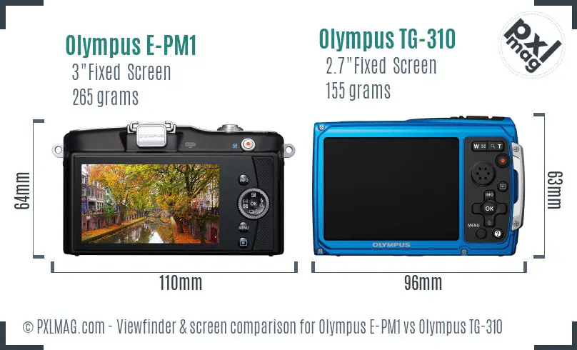 Olympus E-PM1 vs Olympus TG-310 Screen and Viewfinder comparison