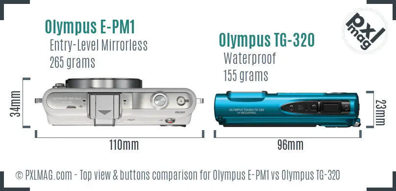 Olympus E-PM1 vs Olympus TG-320 top view buttons comparison
