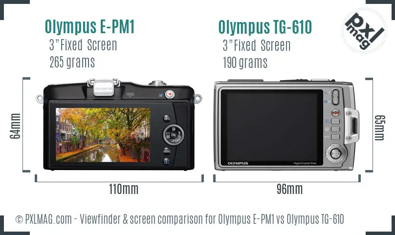 Olympus E-PM1 vs Olympus TG-610 Screen and Viewfinder comparison