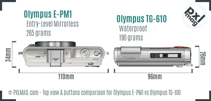 Olympus E-PM1 vs Olympus TG-610 top view buttons comparison