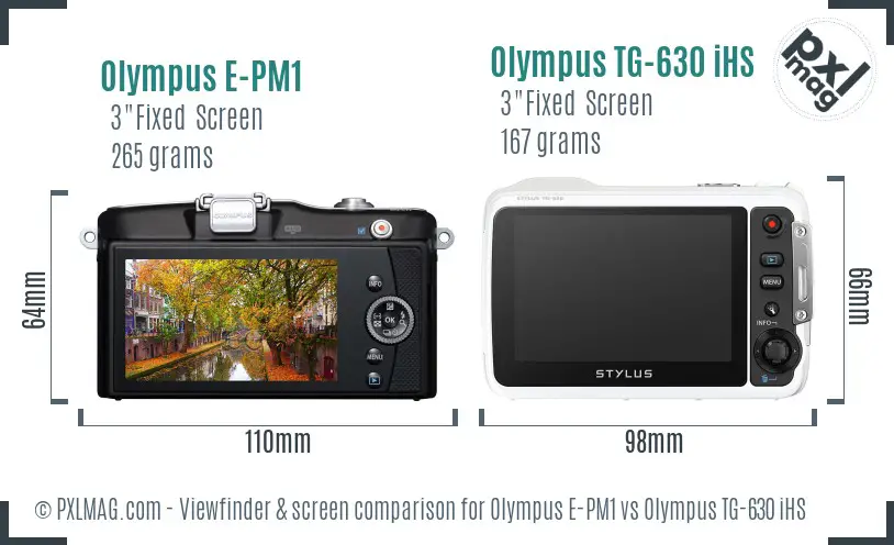 Olympus E-PM1 vs Olympus TG-630 iHS Screen and Viewfinder comparison